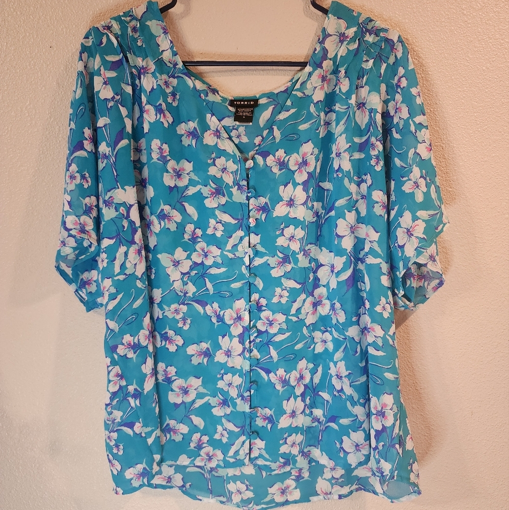 torrid Turquoise Floral Button-Front Blouse